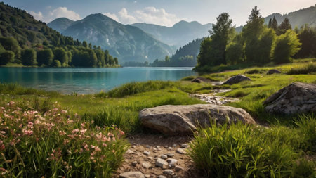 Panoramic view of the mountain lake in the Alps. Beautiful summer landscape.