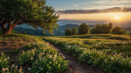 Sunset over meadow with blooming flowers in the mountains.の写真素材