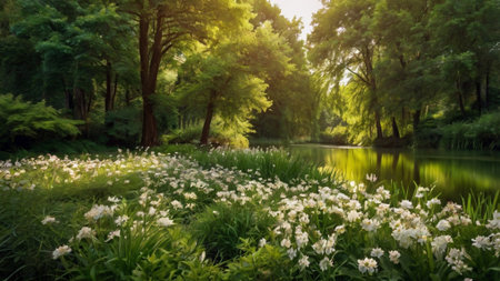 Beautiful landscape of blooming narcissus flowers in the park.の写真素材