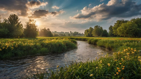 Sunset over a small river in the countryside. Spring landscape.