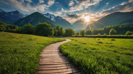 Beautiful summer landscape in the mountains. The path through the meadow.