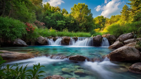 Panorama of beautiful waterfall in the forest on a sunny summer dayの写真素材