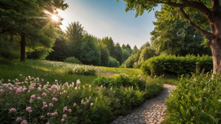 Beautiful summer landscape in the park with a path and flowers.の写真素材