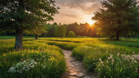 Sunset in the green meadow. Landscape with a path in the park.の写真素材