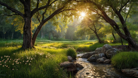 Sunrise in the forest with a stream flowing through the woods.の写真素材