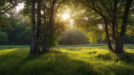 Sunset or sunrise in the summer forest with sunbeams.