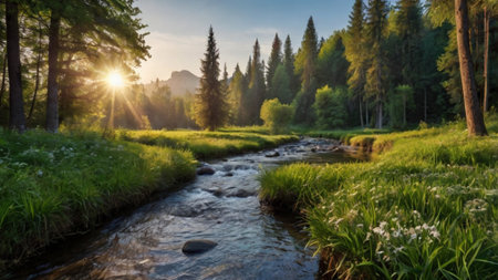 Panoramic view of a mountain river in the forest at sunsetの写真素材