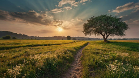 Panoramic view of a beautiful sunset over a meadow and a treeの写真素材