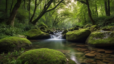 Beautiful waterfall in green forest, long exposure. Natural background.の写真素材