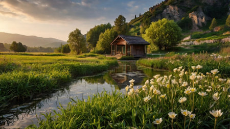Beautiful spring landscape with a small wooden house on the bank of the riverの写真素材