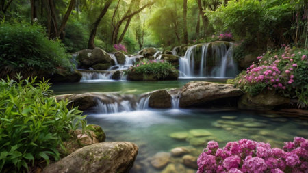 Beautiful waterfall in the nature background, soft focus.の写真素材