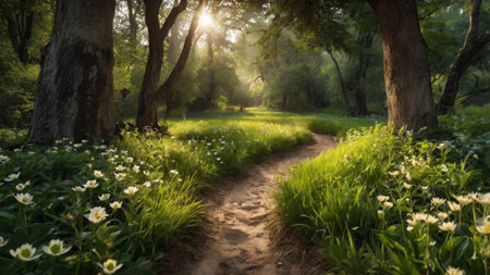 Path through the forest in the rays of the setting sun. Spring landscape.