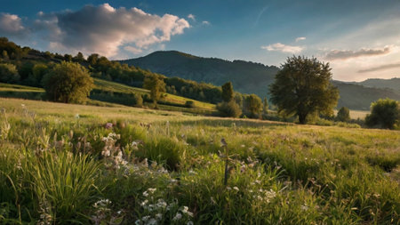 Landscape with meadow and trees in the mountains at sunset.