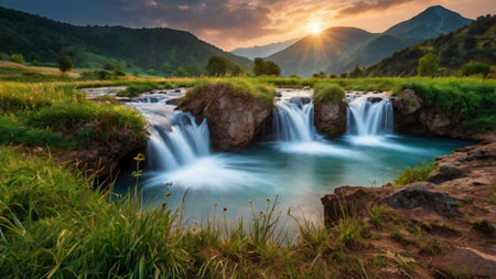 Panoramic view of a waterfall in the mountains at sunset.の写真素材