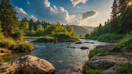 Panoramic view of the mountain river at sunset. Beautiful summer landscape.の写真素材