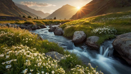 Sunset over a mountain river with white flowers in the foreground.の写真素材