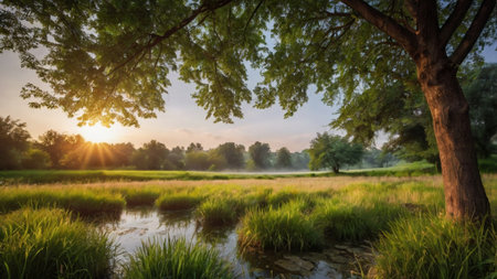 Green field and tree in the morning with sunlight and lens flare