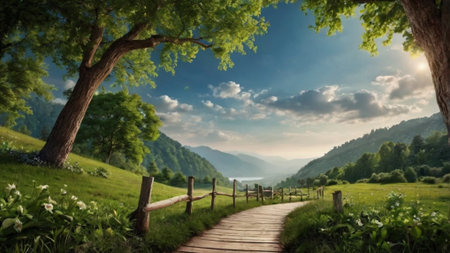 Panoramic view of beautiful mountain landscape with wooden path and green meadow.