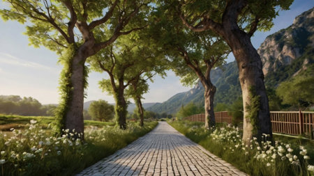 Beautiful view of a path in the mountains with trees and grass