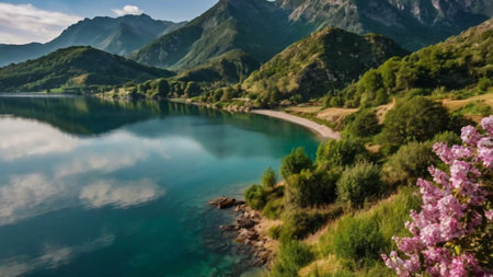 Panorama of the lake in the mountains. Beautiful mountain landscape.の写真素材