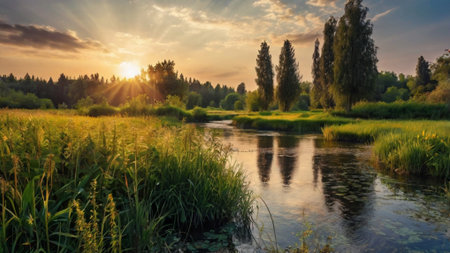 Sunset over the river. Beautiful summer landscape. Panorama.の写真素材