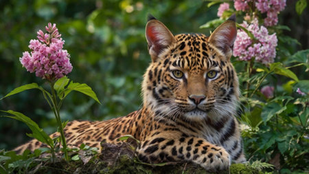 Portrait of a young leopard in the forest with pink flowers