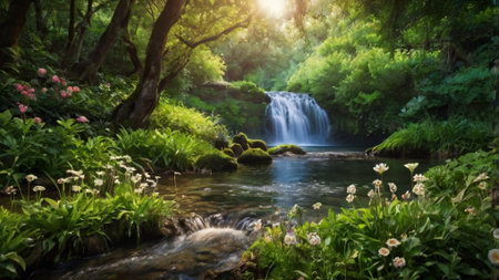 Beautiful waterfall in the forest. Nature landscape background. Panoramaの写真素材