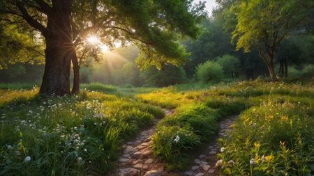 Beautiful summer landscape with a path in the park on a sunny day