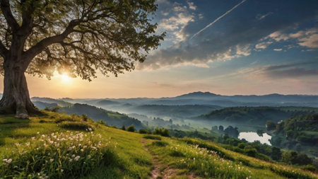 Beautiful summer sunrise in the mountains. Landscape with a large tree.の写真素材