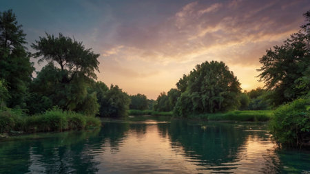 Sunset over the river. Landscape with river and trees.の写真素材