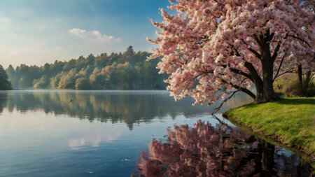 Beautiful pink cherry blossom on the lake. Spring landscape.の写真素材