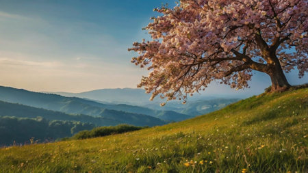 Cherry blossoms on the hillside in the Carpathian mountainsの写真素材