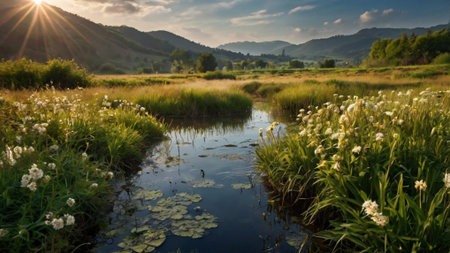 Beautiful summer landscape in the mountains. The river flows through the meadow.
