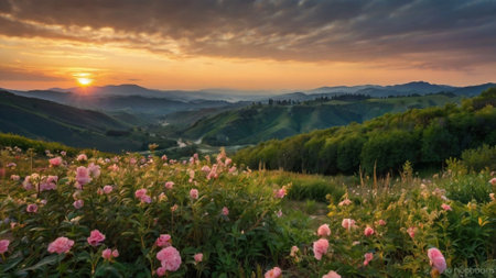Beautiful sunset over the mountains with pink flowers in the foreground.の写真素材