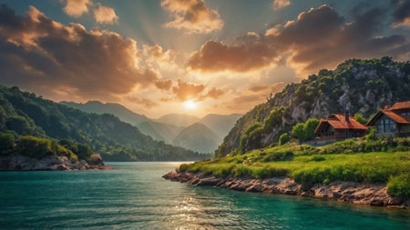 Panoramic view of the mountains and the river in Montenegroの写真素材