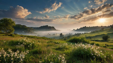 Beautiful summer landscape with foggy meadow in the morning.