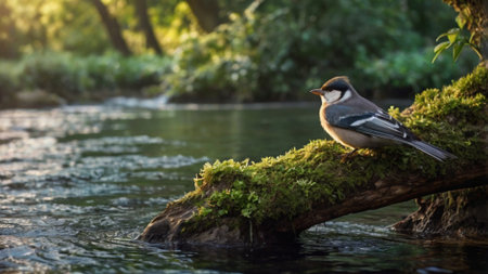 Portrait of a bird on a mossy branch in the riverの写真素材