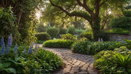 Sunset in the garden with stone path, trees and flowers.の写真素材