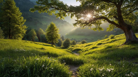 Beautiful summer mountain landscape with meadow and sunbeams.