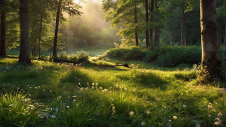 Morning in the forest. Sun rays through the trees and grass.の写真素材