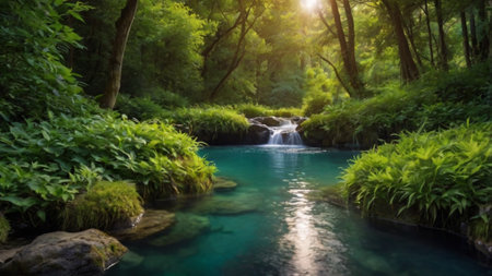 Panoramic view of beautiful waterfall in deep forest. Nature landscape backgroundの写真素材