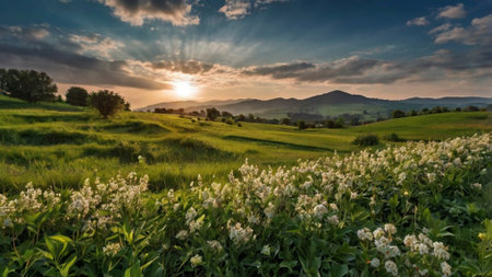Panoramic view of a green meadow in the mountains at sunset