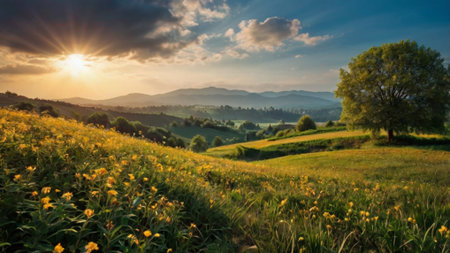 Panoramic view of the valley and meadow with sunflowers at sunsetの写真素材
