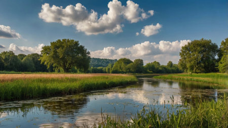 Panoramic view of the river and trees on a sunny dayの写真素材