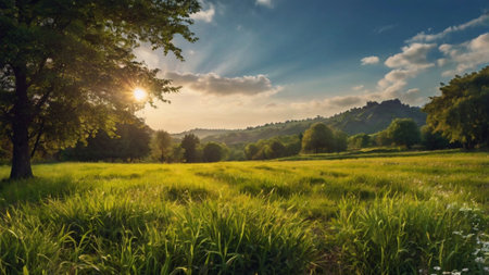 Sunset in the countryside. Landscape with green meadow and blue skyの写真素材