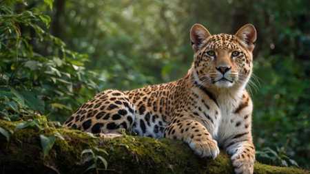 Leopard lying on a log in the forest. Panthera pardus