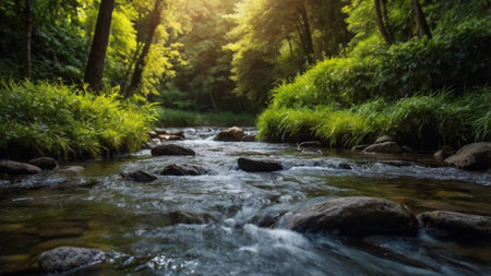 Stream in the forest. Beautiful summer landscape with a mountain river.の写真素材