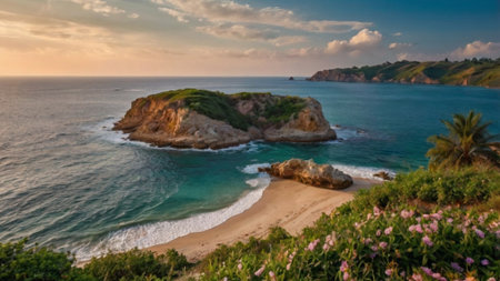 Panoramic view of the beach at sunset. Praia do Forte, Algarve, Portugalの写真素材