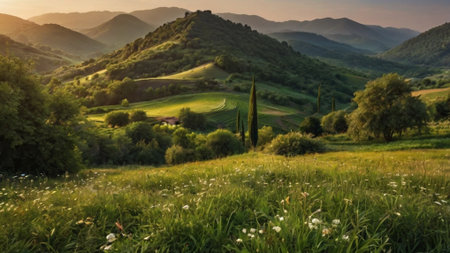 Tuscany landscape at sunset with green fields and cypressesの写真素材
