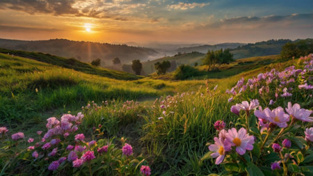 Beautiful sunrise over the mountains. Panoramic view of meadow with flowers.の写真素材